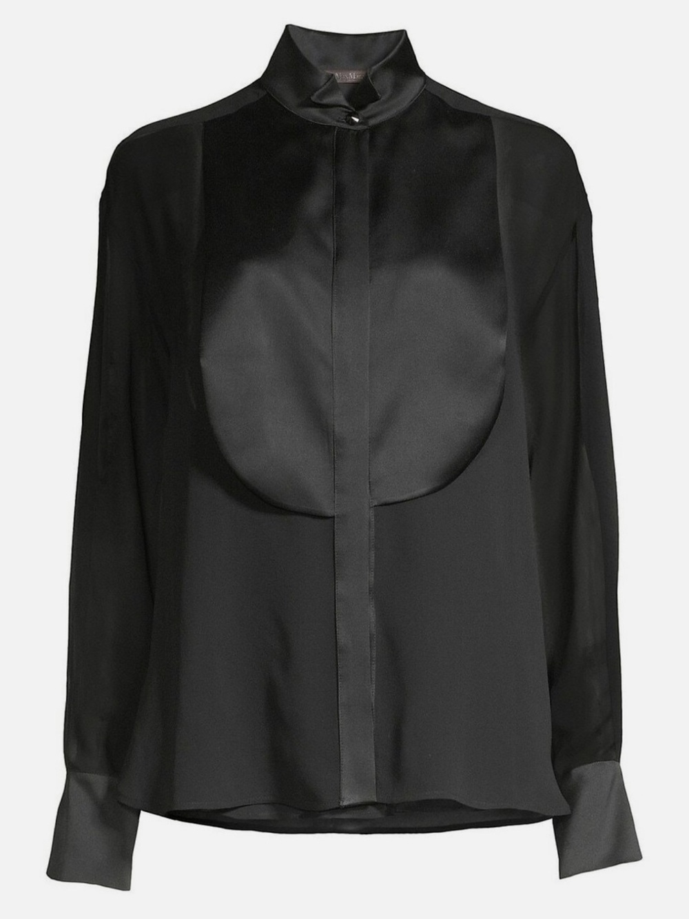 NWT MaxMara Black Satin Bib-Front Long Sleeve Blouse with Stand Collar